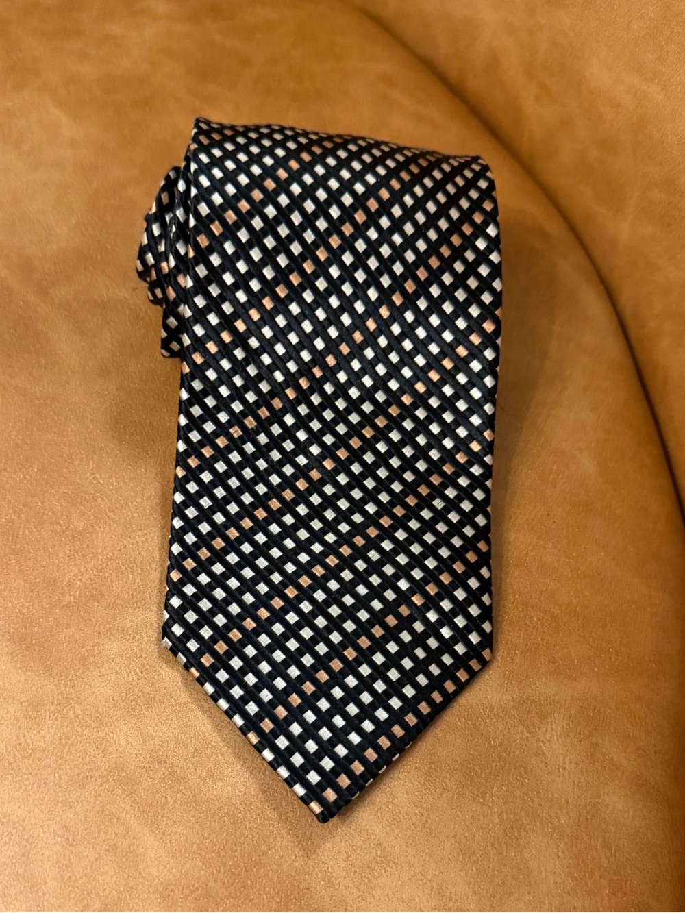 Valerio Garati 100% Silk Black, Cream & Tan Grid Pattern Men's Tie